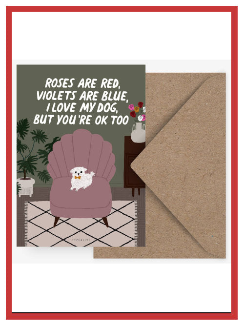 Funny Valentine postcard with dog illustration reading “Roses are red, violets are blue, I love my dog but you’re OK too”, shown with kraft envelope